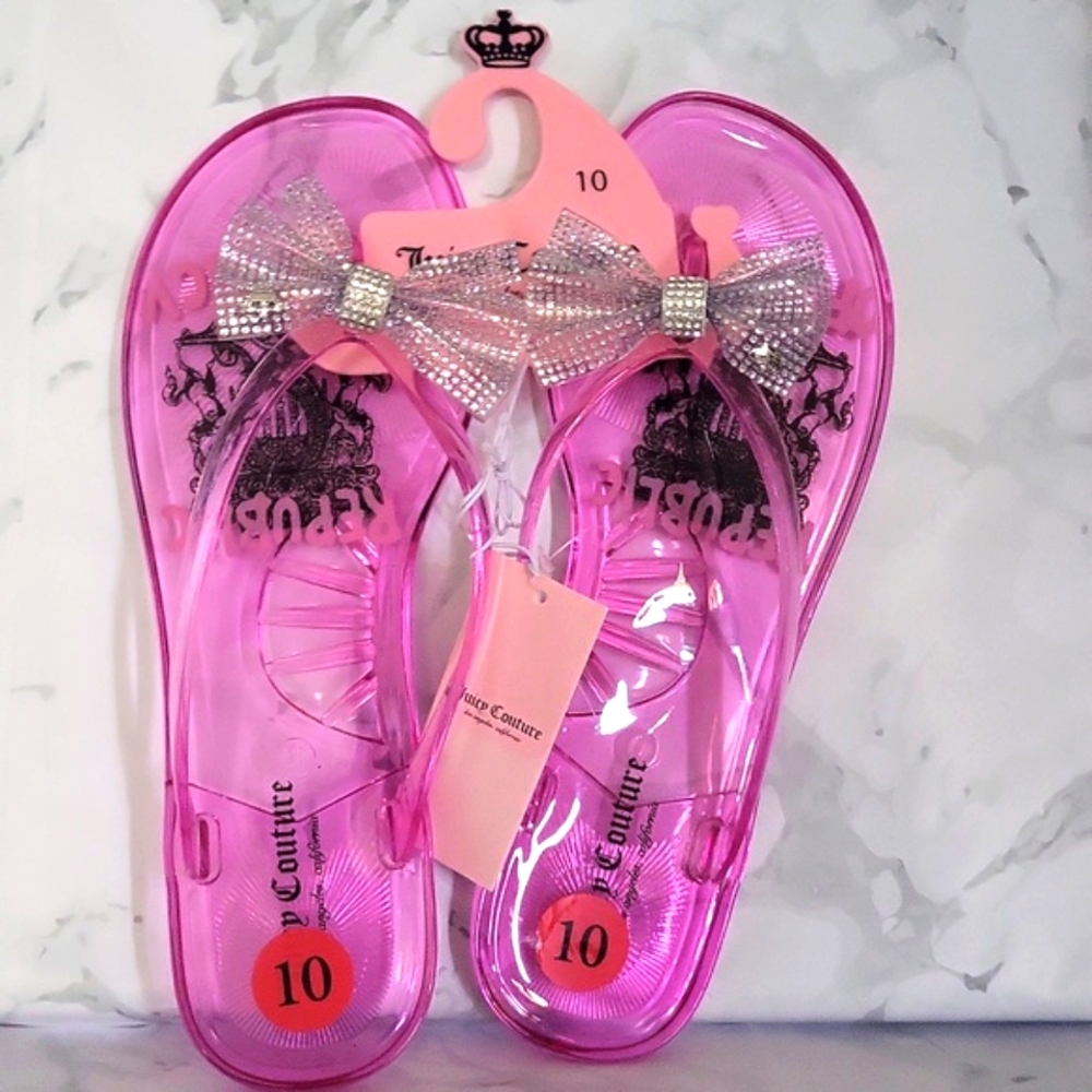 Juicy Couture Pink Jelly Rhinestone BOW Flip-Flops  NWT